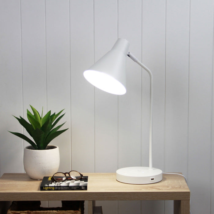 White TARGA desk lamp with wide adjustable shade.