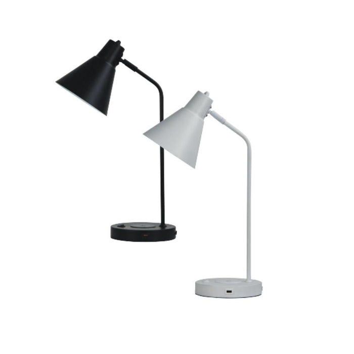 Oriel TARGA desk lamp with USB socket and wireless charging pad.