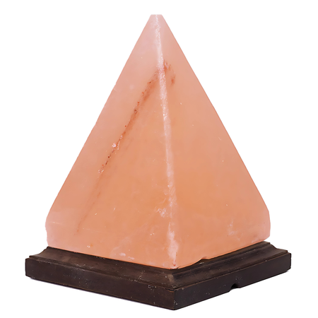 4kg pyramid-shaped Himalayan salt lamp with a timber base, glowing warmly in a serene setting.