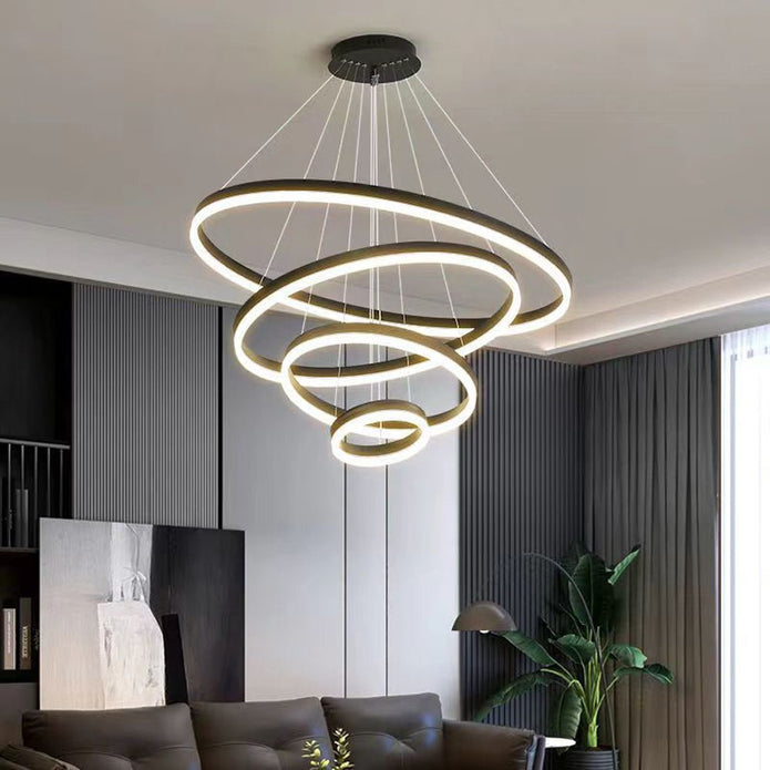 Black 4 Rings Minimalist LED Pendant Light Adjustable Circular Chandelier