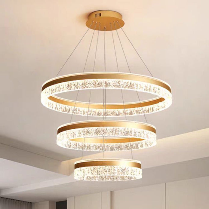 VICTORIA 180W Gold 3 Rings Water Ripple LED Crystal Chandelier