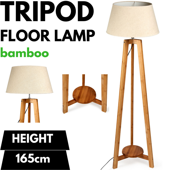 155cm Large Bamboo Wooden Tripod Floor Lamp w Beige Linen Light Shade