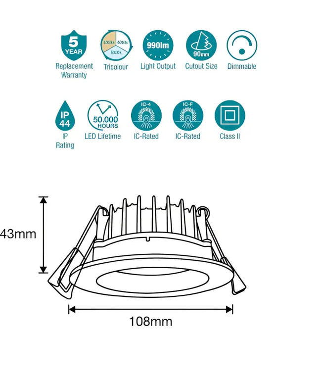 Arte 10W Tricolour Dimmable LED Downlight - 90mm Cut Out - Home & Garden > Lighting > Ceiling Lights