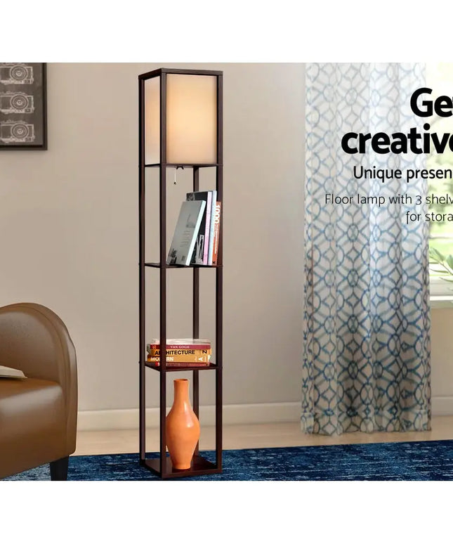 Artiss Floor Lamp 3 Tier Shelf Storage LED Light Stand Home Room Vintage Brown - Home & Garden > Lighting > Floor Lamps