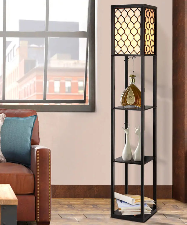 Artiss Floor Lamp 3 Tier Shelf Storage LED Light Stand Home Room Pattern Black - Home & Garden > Lighting > Floor Lamps