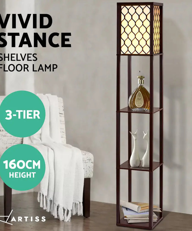 Artiss Floor Lamp 3 Tier Shelf Storage LED Light Stand Home Room Pattern Brown - Home & Garden > Lighting > Floor Lamps