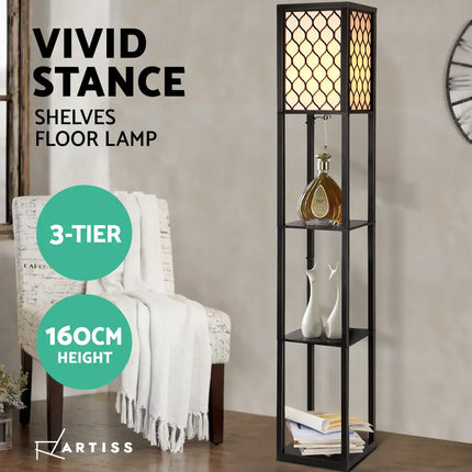 Artiss Floor Lamp 3 Tier Shelf Storage LED Light Stand Home Room Pattern Black - Home & Garden > Lighting > Floor Lamps