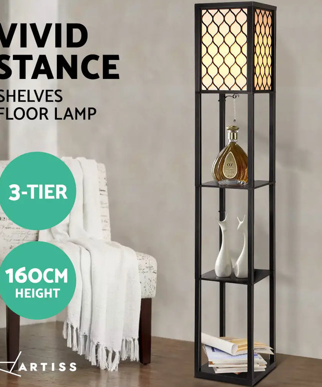 Artiss Floor Lamp 3 Tier Shelf Storage LED Light Stand Home Room Pattern Black - Home & Garden > Lighting > Floor Lamps