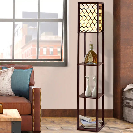 Artiss Floor Lamp 3 Tier Shelf Storage LED Light Stand Home Room Pattern Brown - Home & Garden > Lighting > Floor Lamps