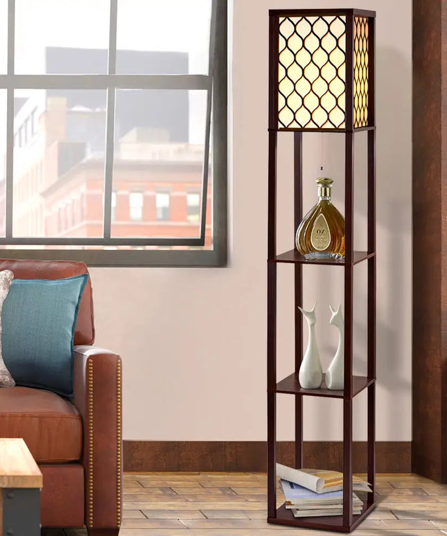Artiss Floor Lamp 3 Tier Shelf Storage LED Light Stand Home Room Pattern Brown - Home & Garden > Lighting > Floor Lamps