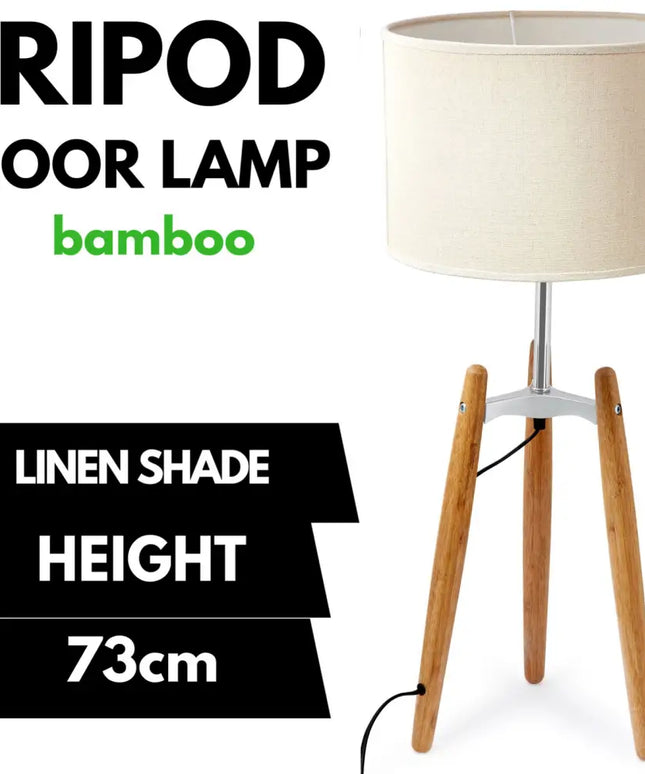 Bamboo tripod floor lamp with beige linen shade for elegant lighting