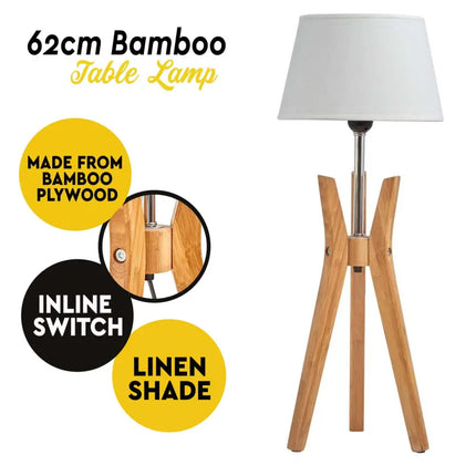 Bamboo Tripod Table Or Desk Modern Rustic Geo Light w Linen Shade - Home & Garden > Lighting