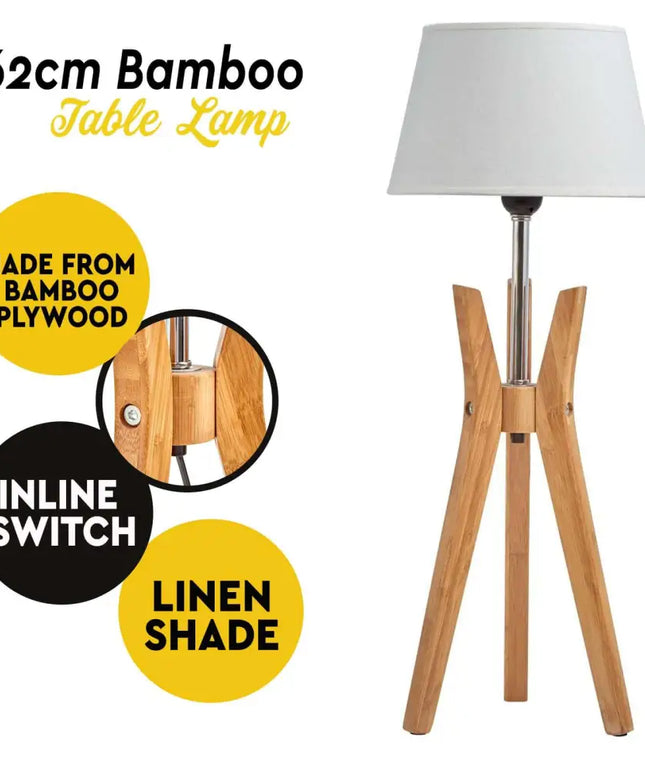 Bamboo Tripod Table Or Desk Modern Rustic Geo Light w Linen Shade - Home & Garden > Lighting