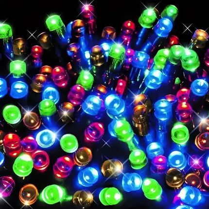 Colorful LED string lights with 100 LEDs, battery operated, and three color options