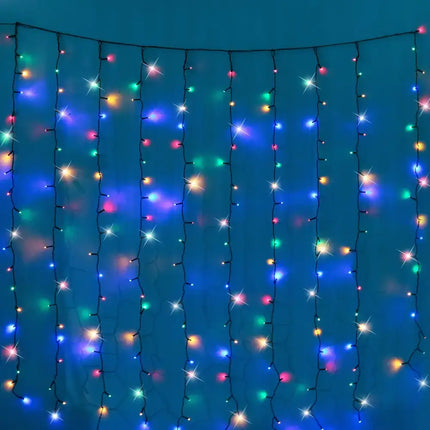 Colorful string lights curtain for decorative lighting in the Battery Operated 200 LED Curtain Light product