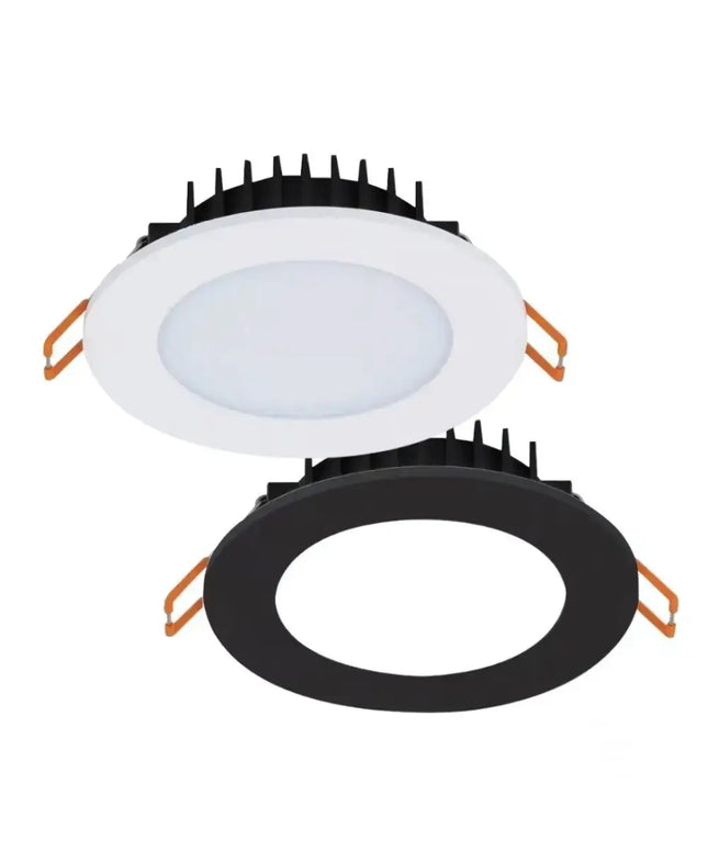 Domus Bliss 10W Tri-Colour LED Downlight with flat face frame and opal diffuser – 90mm cut-out, IP54 rated