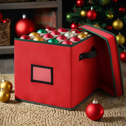 Red ornament storage box for Christmas baubles with 64 dividers and ornaments container
