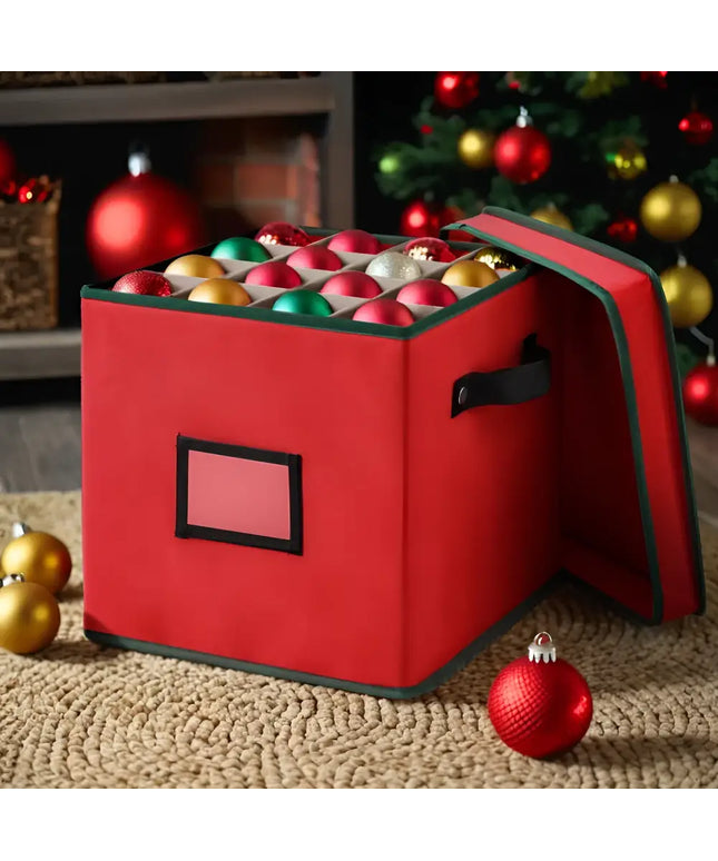 Red ornament storage box for Christmas baubles with 64 dividers and ornaments container