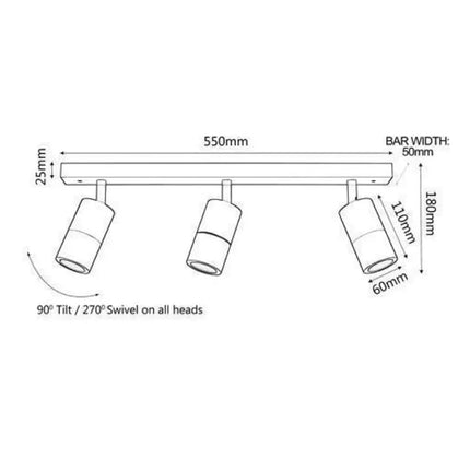 CLA PG3BAR - 3xGU10 3 Light Bar Adjustable Rail Ceiling Spot Light IP44-Ceiling Light Fixtures-CLA Lighting
