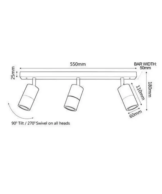 CLA PG3BAR - 3xGU10 3 Light Bar Adjustable Rail Ceiling Spot Light IP44-Ceiling Light Fixtures-CLA Lighting
