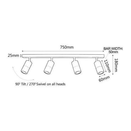 CLA PG4BAR - 4xGU10 4 Light Bar Adjustable Rail Ceiling Spot Light IP44-CEILING LIGHTS-CLA Lighting