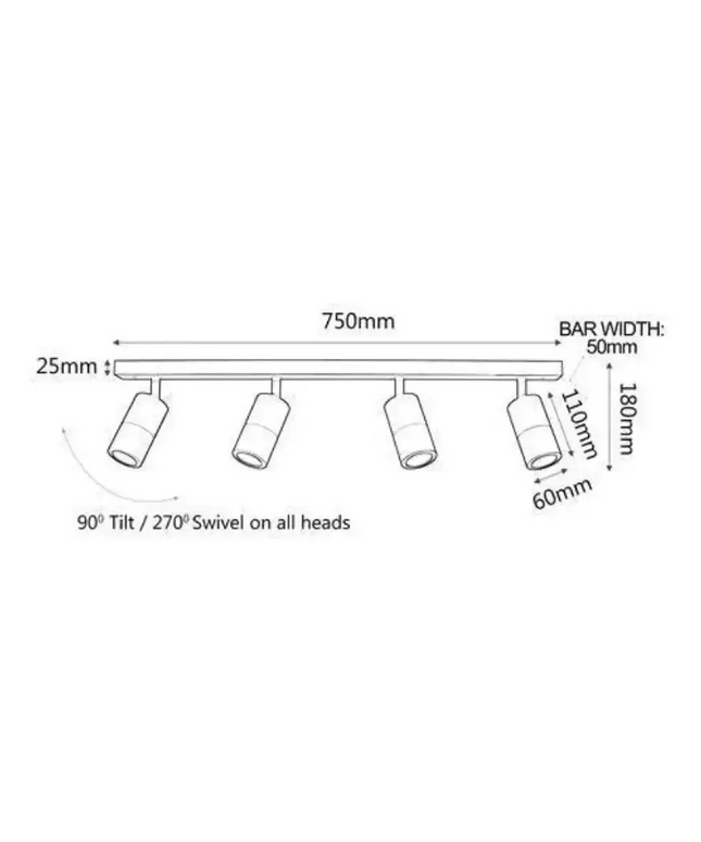 CLA PG4BAR - 4xGU10 4 Light Bar Adjustable Rail Ceiling Spot Light IP44-CEILING LIGHTS-CLA Lighting