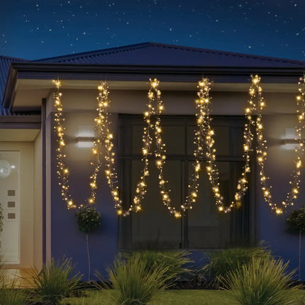 Festive outdoor string lights with 720 LEDs in warm white and 6 color options