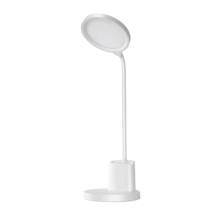 White desk lamp with integrated pen holder and phone stand for organized workspace