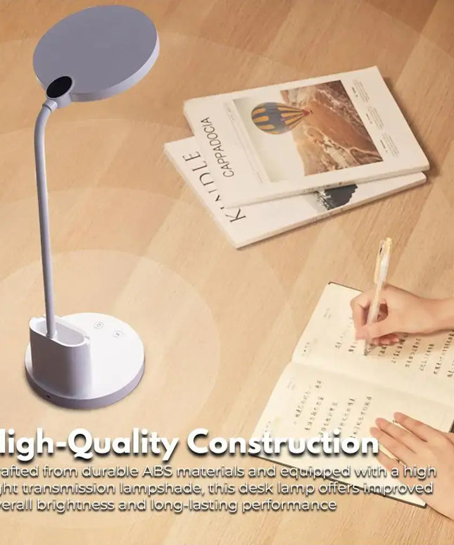 Adjustable LED Desk Lamp with Pen and Phone Holder in White for versatile workspace lighting