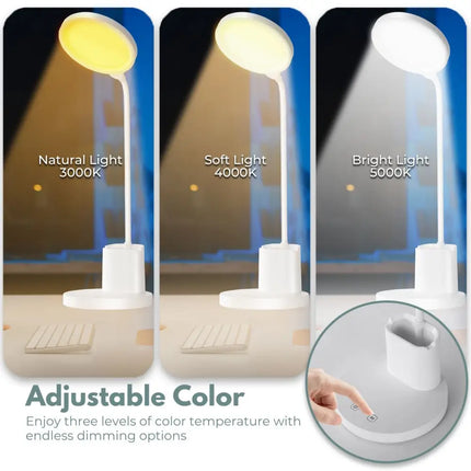 Adjustable color temperature white desk lamp with pen and phone holder for versatile lighting