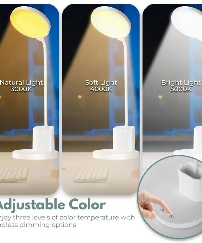 Adjustable color temperature white desk lamp with pen and phone holder for versatile lighting
