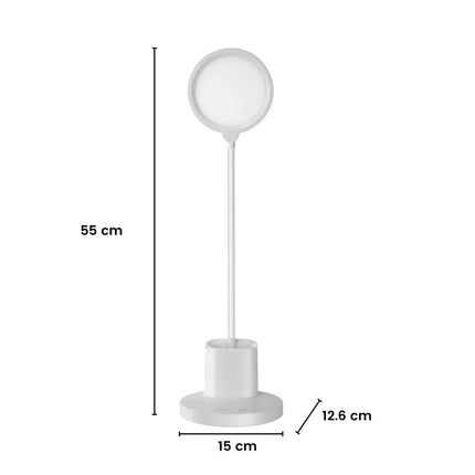 White circular desk lamp with dimensions and integrated pen and phone holder