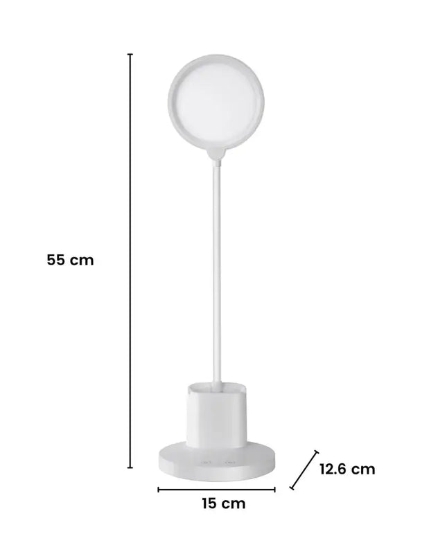 White circular desk lamp with dimensions and integrated pen and phone holder
