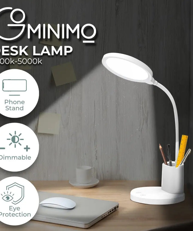 White desk lamp with integrated pen and phone holder for organized workspace