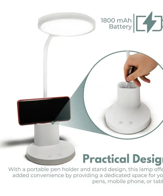 White desk lamp with integrated phone holder and pen stand for organized workspace