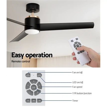 Remote-controlled ceiling fan with adjustable LED lighting in warm, neutral, and cool white