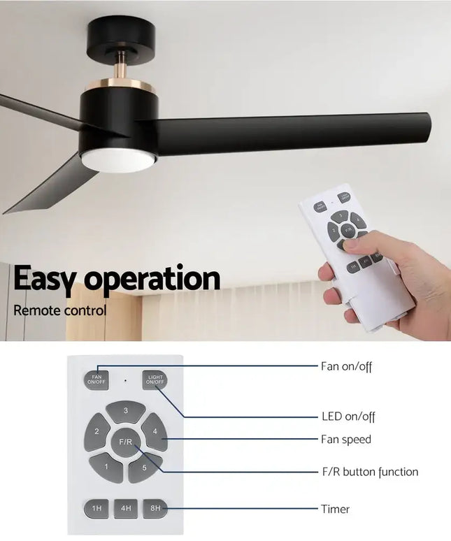 Remote-controlled ceiling fan with adjustable LED lighting in warm, neutral, and cool white
