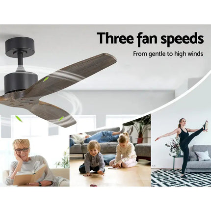 Stylish ceiling fan with three wooden blades and elegant dark wood finish