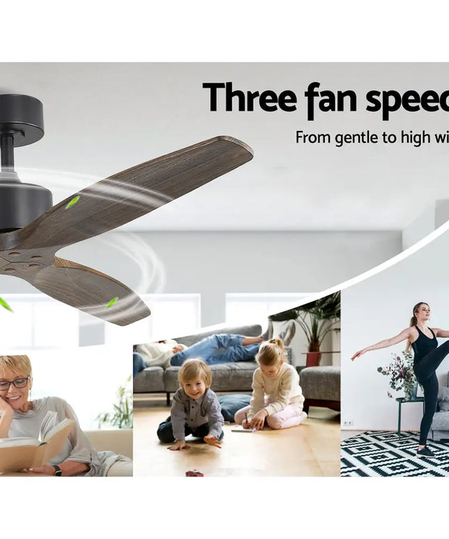 Stylish ceiling fan with three wooden blades and elegant dark wood finish