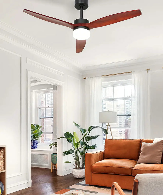 Modern ceiling fan with three wooden blades and energy-efficient AC motor