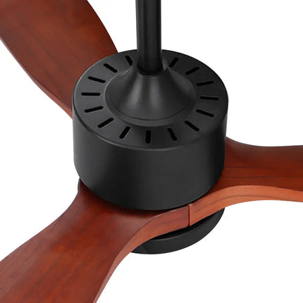 Remote-controlled ceiling fan with wooden blades and sleek design