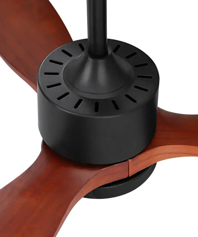 Remote-controlled ceiling fan with wooden blades and sleek design