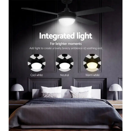 Black ceiling fan with remote control and 8-hour timer for convenience