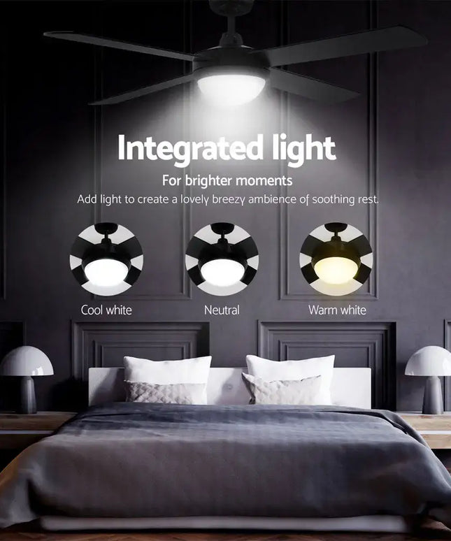 Black ceiling fan with remote control and 8-hour timer for convenience