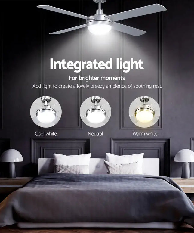 Silver ceiling fan with three-speed settings and contemporary design