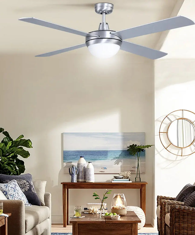 Modern silver ceiling fan with four wooden blades and energy-efficient AC motor