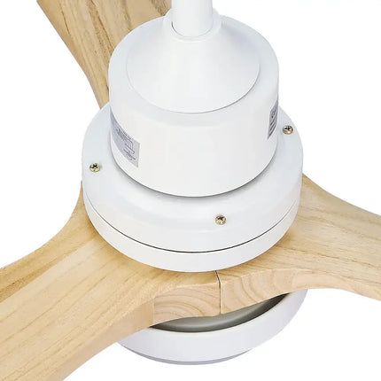 Remote-controlled ceiling fan with wooden blades and sleek, modern look