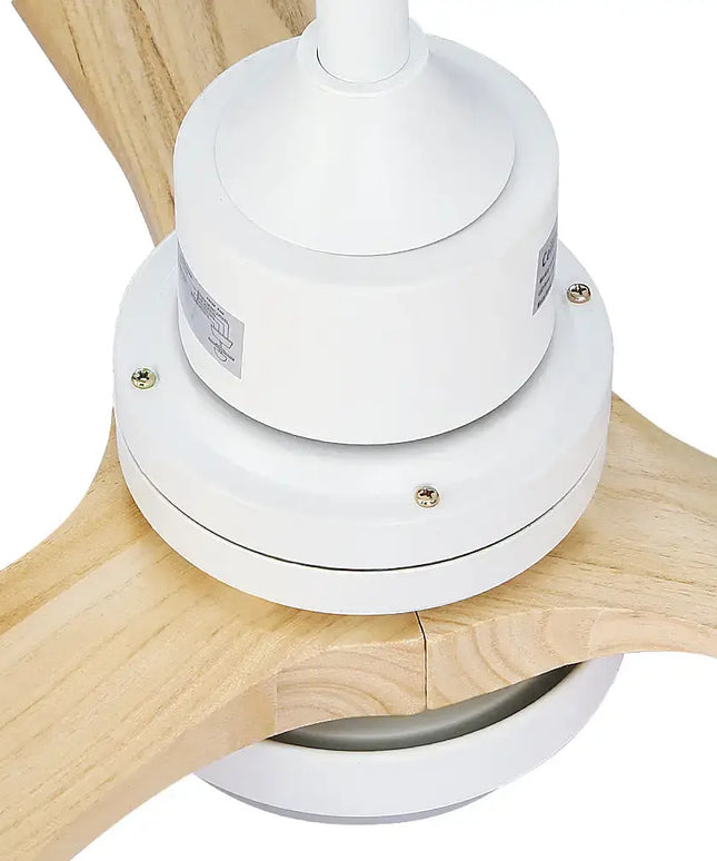 Remote-controlled ceiling fan with wooden blades and sleek, modern look