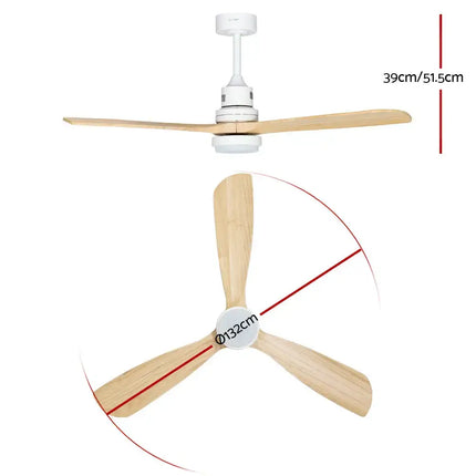 Remote-controlled ceiling fan with wooden blades and sleek, modern look