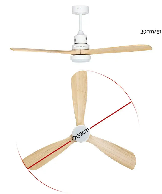 Remote-controlled ceiling fan with wooden blades and sleek, modern look